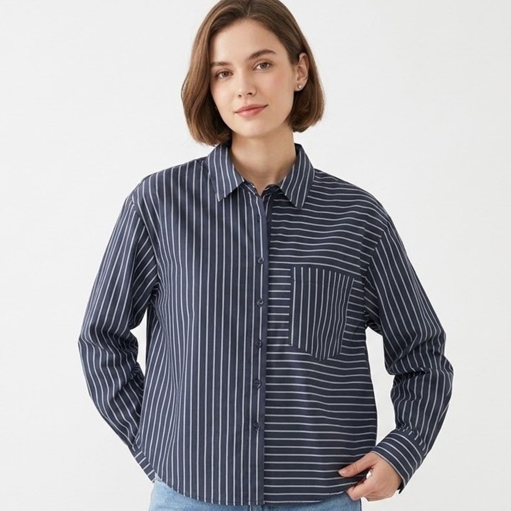 Modern Works Button Up Shirt Women L Navy Blue Striped Long Sleeve Mixed Pattern